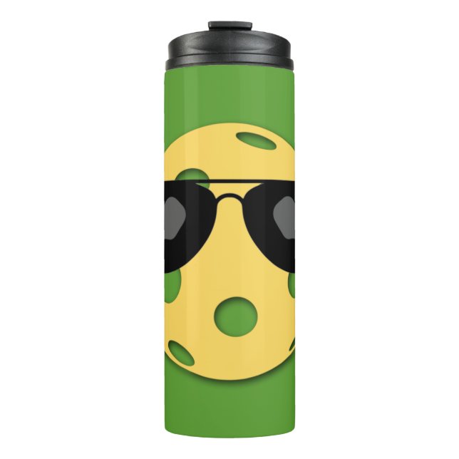 Gelbes Pickleball mit Sonnenbrille Thermosbecher (Vorderseite)