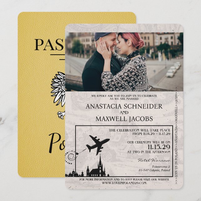 Gelbes Polen Reisepass Einladung zur Hochzeit (Vorne/Hinten)