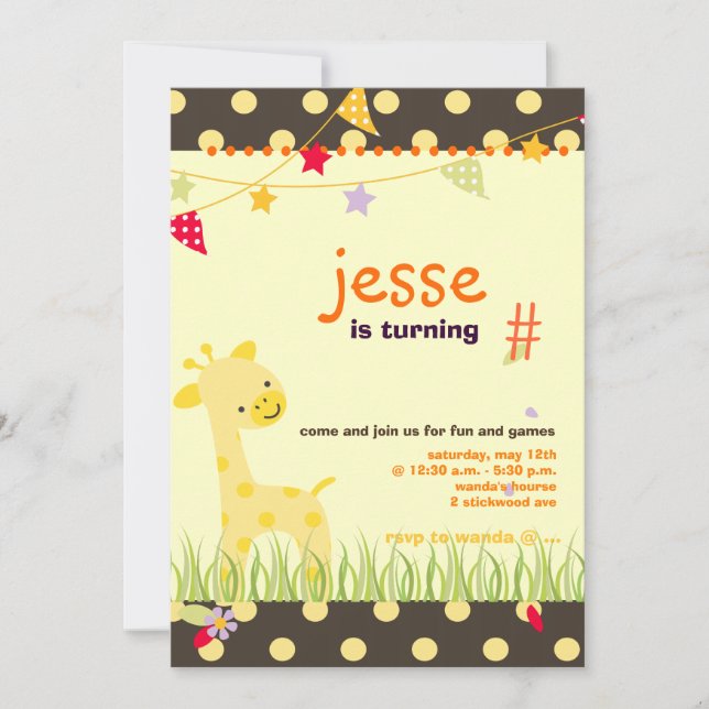 Gelbes Polka Dot Giraffe Personalisiertes Party Einladung (Vorderseite)
