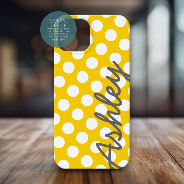Gelbes Polka Dot Muster mit grauem Namen Case-Mate iPhone Hülle (Personalized Phone Case with Polka Dots and Custom Name)