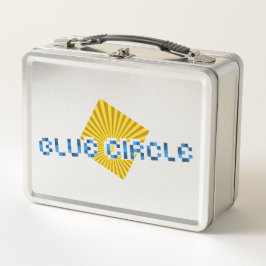 Gelbes Quadrat mit Balken und optischem Pixel-Text Metall Brotdose