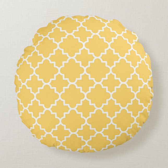 Gelbes Quatrefoil Muster Rundes Kissen (Vorderseite)
