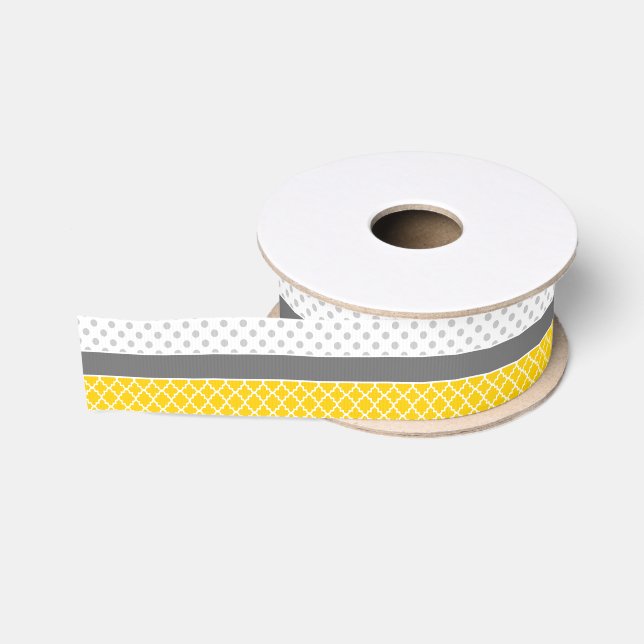 Gelbes Quatrefoil und graues Tupfen-Muster Ripsband (Spule)