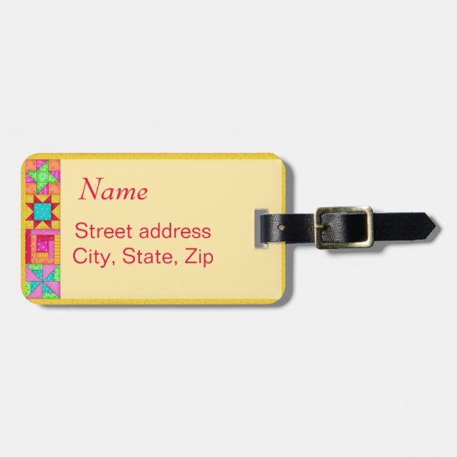 Gelbes Quilt-Block-Gepäck oder Nähmaschine Tag Gepäckanhänger (Vorderseite horizontal)