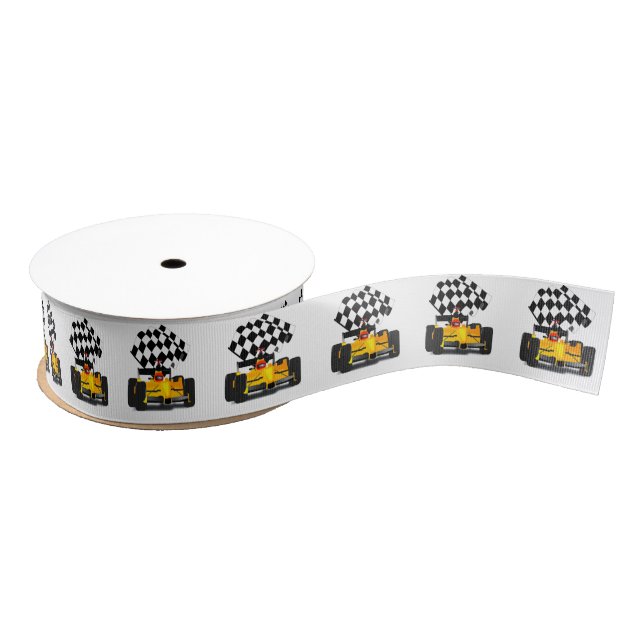 Gelbes Rennwagen mit Checkbox Ripsband (Spule)
