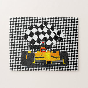 Gelbes Rennwagen mit Schachtel-Jigsaw-Puzzle