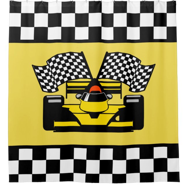 Gelbes Rennwagen: Schachbrett-Flag Duschvorhang (Vorderseite)