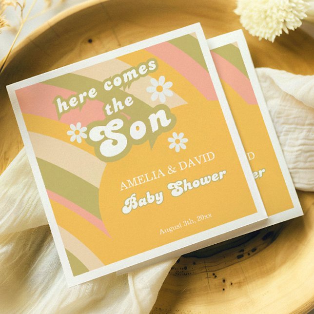 Gelbes Retro Boy Dusche Daisy Party Serviette (Von Creator hochgeladen)