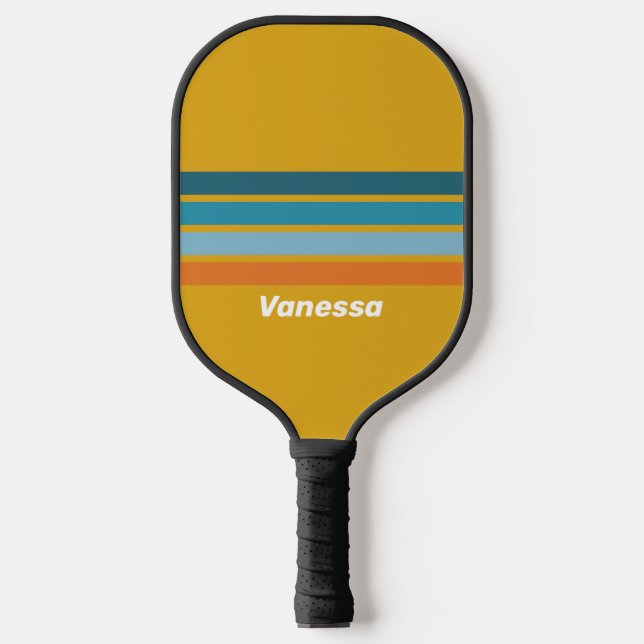 Gelbes Retro durch Streifen mit Namen Pickleball Schläger (Vorderseite)