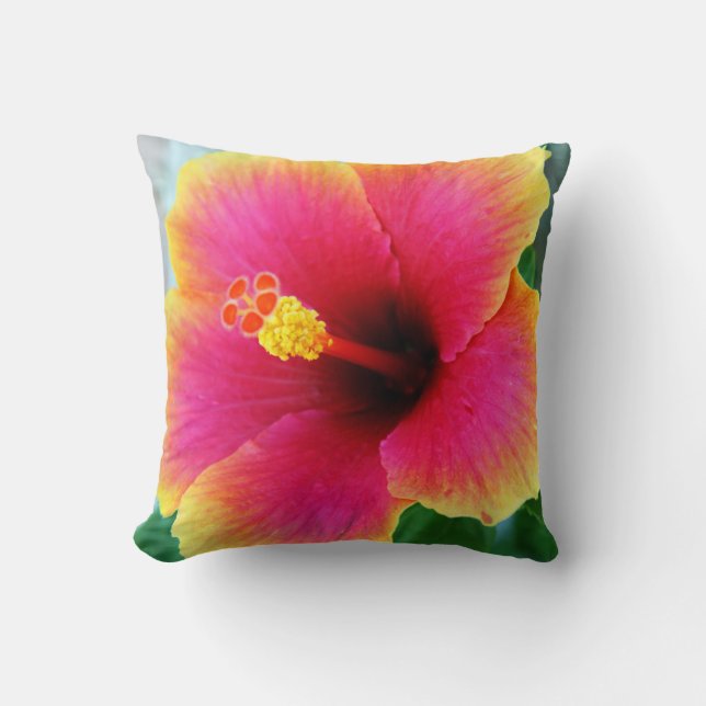 Gelbes rosa Hibiskus-Kissen Kissen (Vorderseite)