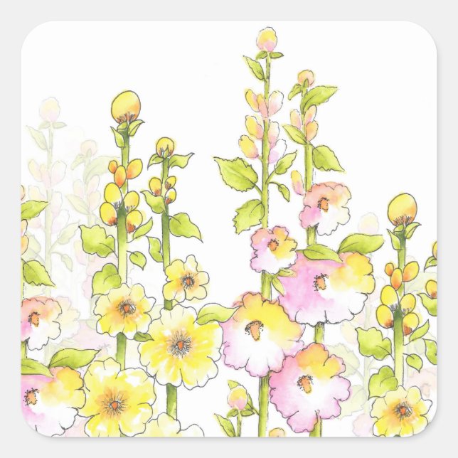 Gelbes rosa Pen & Aquarellfeld aus Hollyhocks Quadratischer Aufkleber (Vorderseite)