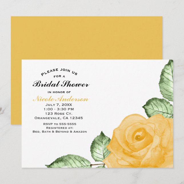 Gelbes Rose Brautparty Elegante Party Einladung (Vorne/Hinten)