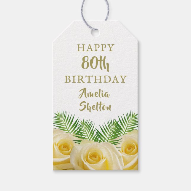 Gelbes Rose und Blätter Blumenfrass Geburtstag Geschenkanhänger (Vorderseite)