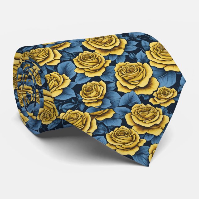 Gelbes Rose und Navy Blue Muster Krawatte (Gerollt)