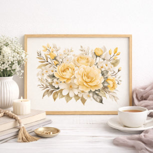 Gelbes Rosen-Blumen-Landhaus-Wohndesign Poster