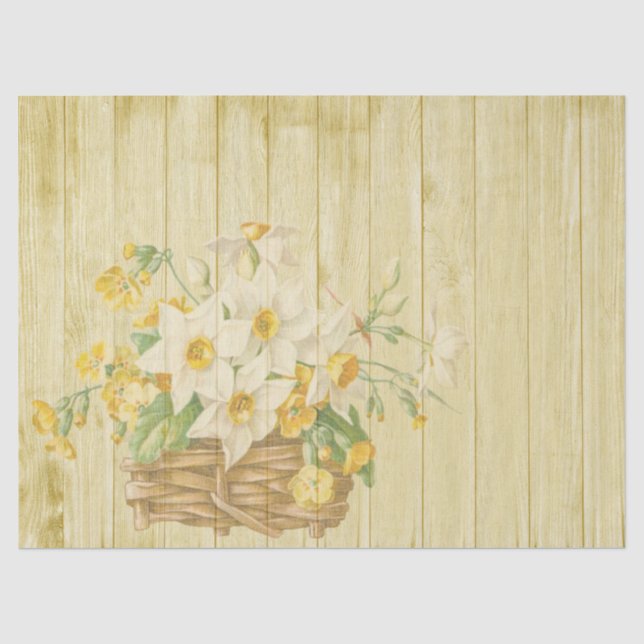 Gelbes Rustikales Holz und Blume-Korb Seidenpapier (Vorderseite)