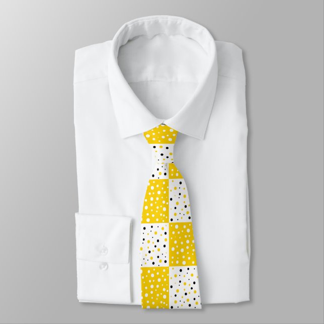 Gelbes Schwarz-Weiß-Polka-Dot-Farbblockmuster Krawatte (Gebunden)