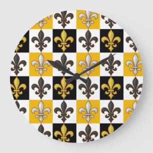 Gelbes Schwarz-weißes kariertes Fleur-de-lis-Desig Große Wanduhr