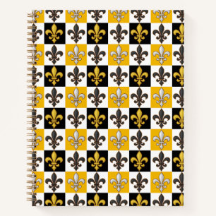 Gelbes Schwarz-weißes kariertes Fleur-de-lis-Desig Notizbuch