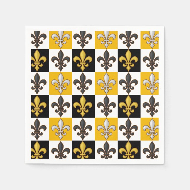 Gelbes Schwarz-weißes kariertes Fleur-de-lis-Desig Serviette (Vorderseite)