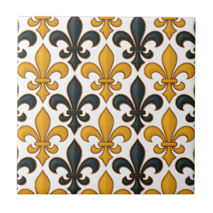 Gelbes schwarzes Barock Fleur-de-lis-Muster Fliese