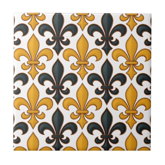 Gelbes schwarzes Barock Fleur-de-lis-Muster Fliese (Vorderseite)