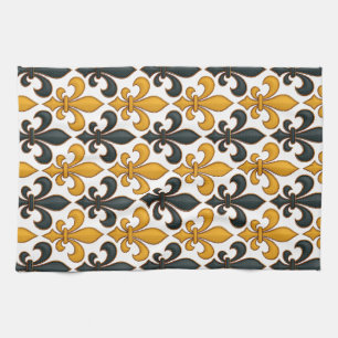Gelbes schwarzes Barock Fleur-de-lis-Muster Geschirrtuch