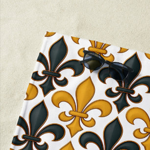 Gelbes schwarzes Barock Fleur-de-lis-Muster Strandtuch