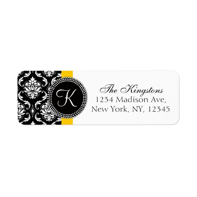 Gelbes schwarzes Damaskotel Monogram-Hochzeitadres (Vorne)