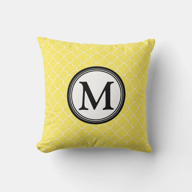 Gelbes schwarzes Quatrefoil Monogramm-dekoratives Kissen (Vorderseite)