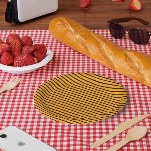 Gelbes schwarzes Retro-Streifenmuster Pappteller (Picknick)