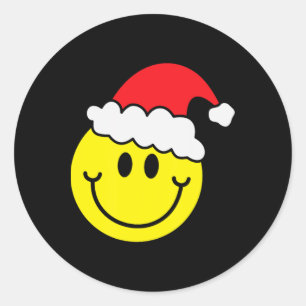 Gelbes Smiley-Gesicht Weihnachts-Shirt Santa-Hut L Runder Aufkleber