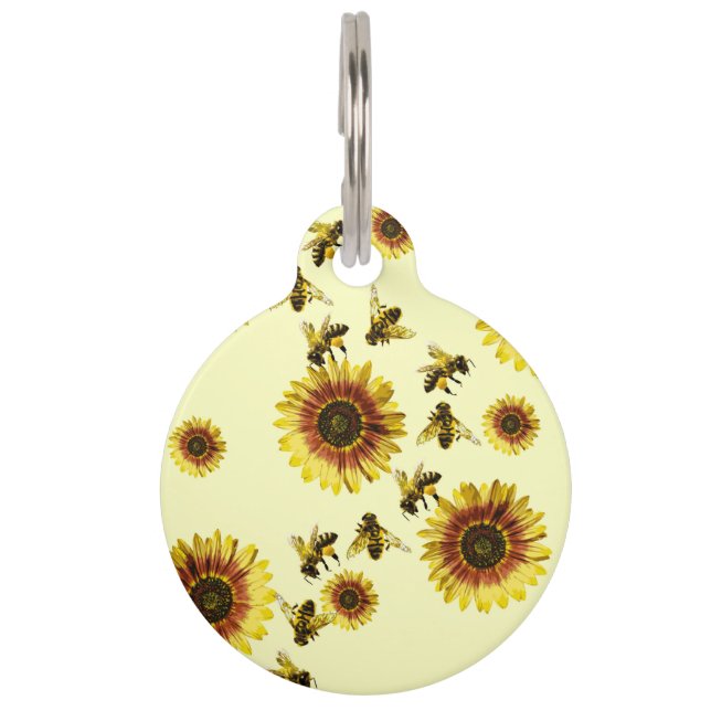 Gelbes Sonnenblume-und Honig-Bienen-Sommer-Muster Haustiermarke (Rückseite)