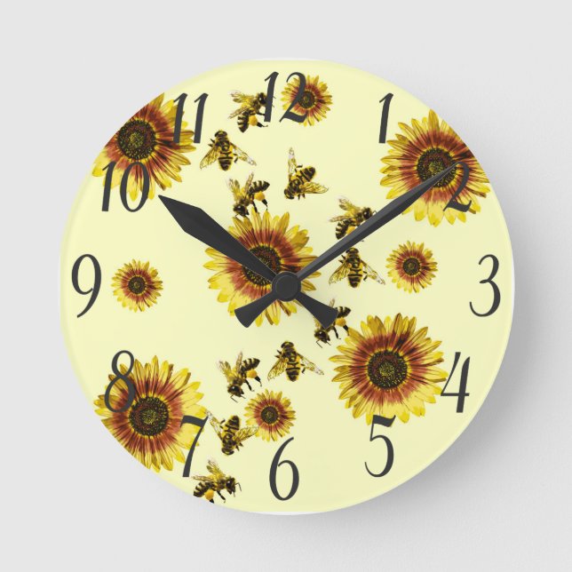 Gelbes Sonnenblume-und Honig-Bienen-Sommer-Muster Runde Wanduhr (Vorderseite)