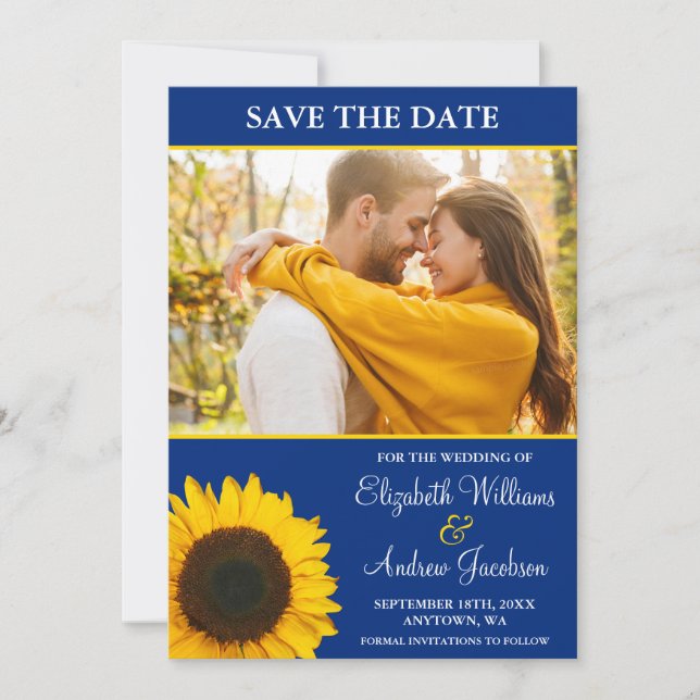 Gelbes Sonnenblumenblauer Foto Save the Date (Vorderseite)