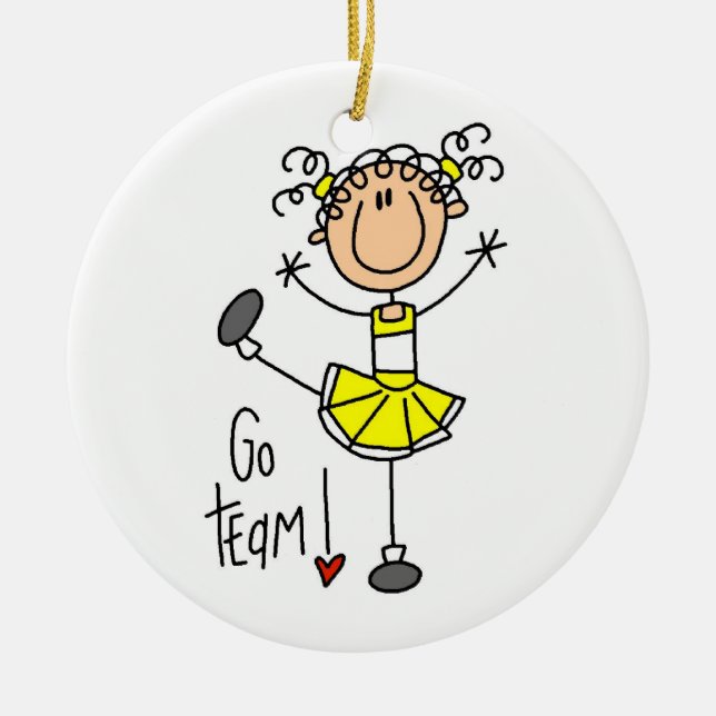 Gelbes Strichmännchen Cheerleader T - Shirt und Ge Keramikornament (Vorne)