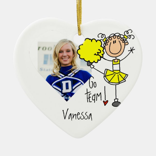 Gelbes Strichmännchen-Cheerleading Verzierung Keramik Ornament (Vorne)
