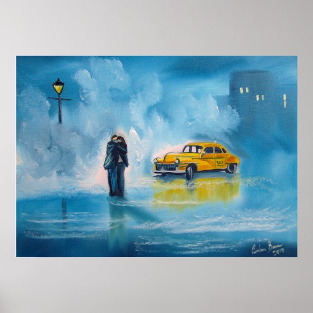 Gelbes Taxi regnerischer Tag romantisches Paar mal Poster (Vorne)