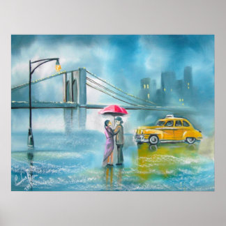 Gelbes Taxipaar regnerische Tagesromantik Poster