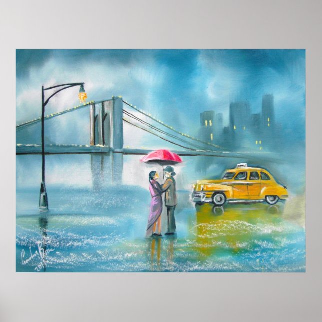 Gelbes Taxipaar regnerische Tagesromantik Poster (Vorne)