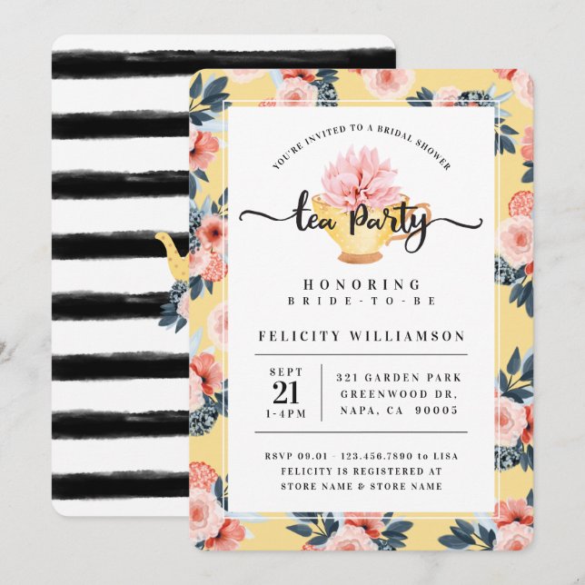 Gelbes Teakup Party Bridal Dusche Einladung (Vorne/Hinten)