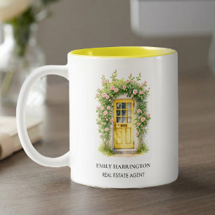 Gelbes Tür-Wasserfarben-Logo Immobilienmakler Zweifarbige Tasse