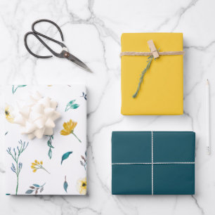 Gelbes türkisfarbenes, festes, florales Muster Geschenkpapier Set