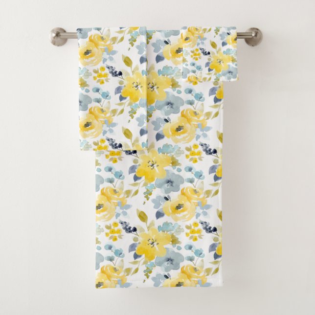 Gelbes u. blaues Aquarell-Muster Badhandtuch Set (Insitu)