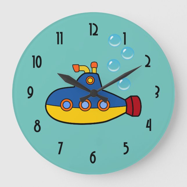 Gelbes und blaues Spielzeug mit Wasserblasen Große Wanduhr (Vorderseite)