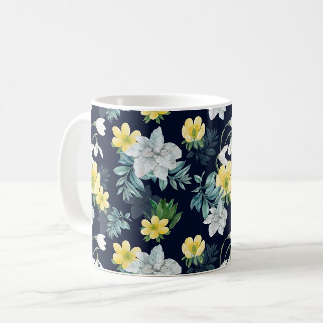 Gelbes und graues Blumenmuster Kaffeetasse (Vorderseite Links)