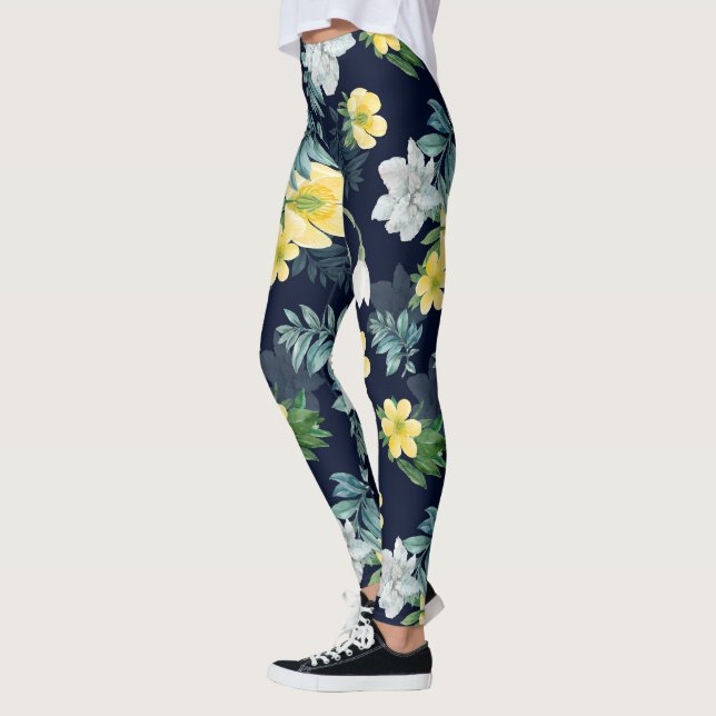 Gelbes und graues Blumenmuster Leggings (Links)