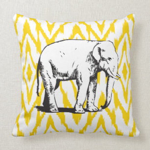 Gelbes und graues Ikat weißer Elefant-Kissen Kissen