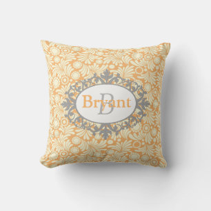 Gelbes und graues Monogramm Damaskus-Kissen Kissen