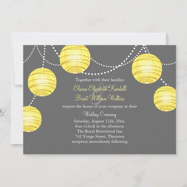 Gelbes und graues Party Lanterns Hochzeit Einladun Einladung (Vorderseite)